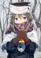 Rule 34 | 1girl, bare tree, blue eyes, blush, brown gloves, capelet, coat, covered mouth, enpera, forest, fur trim, gloves, hair between eyes, hat, highres, holding, interlocked fingers, juice, long hair, long sleeves, looking at viewer, makihitsuji, nature, orange juice, original, outdoors, own hands together, purple scarf, scarf, scarf over mouth, silver hair, snow, solo, standing, tree, upper body