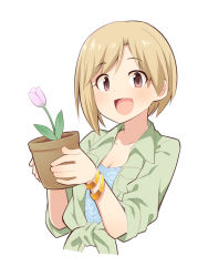 Rule 34 | 1girl, aiba yumi, bad id, bad pixiv id, bangle, blue shirt, bracelet, breasts, brown eyes, cleavage, collarbone, collared shirt, cropped torso, flower, flower pot, front-tie top, green shirt, holding, idolmaster, idolmaster cinderella girls, jewelry, light brown hair, looking at viewer, pink flower, shirt, short hair, short sleeves, simple background, small breasts, solo, uccow, upper body, white background