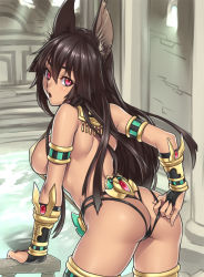 Rule 34 | 1girl, :o, adjusting clothes, adjusting swimsuit, animal ears, anubis (houtengeki), anubis (mythology), arm support, armlet, ass, back, bare shoulders, black hair, blush, bracer, breasts, bridal gauntlets, dark-skinned female, dark skin, egyptian, egyptian mythology, houtengeki, indoors, jewelry, large breasts, long hair, looking at viewer, looking back, lots of jewelry, open mouth, original, pink eyes, pool, red eyes, sideboob, slingshot swimsuit, solo, strap gap, strap lift, swimsuit, thighhighs, thighs, usekh collar, water