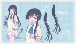 Rule 34 | &gt; &lt;, 1girl, alternate hairstyle, bag, black hair, blue background, blue ribbon, blush, border, bottle, brooch, cevio, collared dress, commentary request, detached hair, doodle inset, dress, english text, furrowed brow, futaba minato, glass bottle, grey border, grid background, hair ornament, hairclip, handbag, highres, holding, holding bottle, jewelry, long hair, multiple views, neck ribbon, open mouth, ramune, ribbon, sleeveless, sleeveless dress, smartwatch, standing, tachi-e, tasese, translation request, twintails, watch, white dress, wristwatch