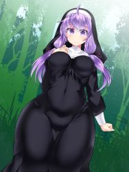 Rule 34 | 1girl, alternate costume, breasts, clenched hand, commentary request, curvy, day, forest, hisui (stapspats), impossible clothes, long hair, looking at viewer, nature, navel, nun, outdoors, purple eyes, purple hair, smile, thighs, voiceroid, yuzuki yukari