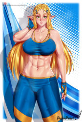 Rule 34 | 1girl, abs, bare shoulders, blonde hair, blue background, blue gloves, blue leggings, blush, breasts, cameltoe, cleavage, collarbone, covered erect nipples, cowboy shot, fingerless gloves, gloves, green eyes, large breasts, leggings, lips, long hair, midriff, navel, nintendo, parted lips, pashapencil, pointy ears, polka dot, polka dot background, princess zelda, solo, sports bra, sportswear, standing, sweat, the legend of zelda, the legend of zelda: breath of the wild, white background