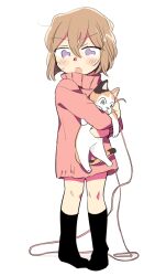Rule 34 | 1girl, animal, black socks, blush, brown hair, calico, cat, commentary, english commentary, full body, haibara ai, hair between eyes, holding, holding animal, holding cat, long sleeves, looking at viewer, meitantei conan, oneroom-disco, open mouth, pink sweater, purple eyes, short hair, socks, solo, standing, sweatdrop, sweater, white background