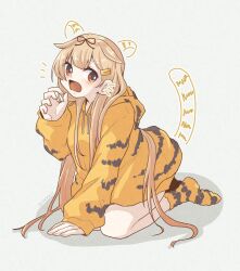 Rule 34 | 1girl, alternate costume, animal ears, animal print, black ribbon, blonde hair, blush, cocax x, full body, hair flaps, hair ornament, hair ribbon, hairclip, highres, hood, hoodie, kantai collection, long hair, long sleeves, open mouth, red eyes, ribbon, solo, tail, tiger ears, tiger print, tiger tail, twitter username, white background, yellow hoodie, yuudachi (kancolle), yuudachi kai ni (kancolle)