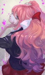 Rule 34 | 1girl, absurdres, black shirt, blonde hair, blood, blood splatter, blue eyes, bow, brown background, cosplay, danganronpa: trigger happy havoc, danganronpa (series), enoshima junko, enoshima junko (cosplay), freckles, from side, hair bow, hair ornament, highres, ikusaba mukuro, long hair, long sleeves, looking back, miniskirt, mixx-to, pink blood, pleated skirt, rabbit hair ornament, red skirt, shirt, skirt, twintails
