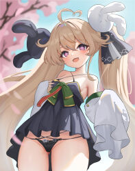 Rule 34 | 1girl, :3, absurdres, ahoge, attilio regolo (azur lane), azur lane, bare shoulders, black dress, black panties, black ribbon, blurry, blurry background, bow, breasts, cameltoe, cherry blossoms, commentary, cowboy shot, criss-cross halter, detached sleeves, dress, gluteal fold, green bow, hair ornament, hair ribbon, halter dress, halterneck, head tilt, heart, heart-shaped pupils, highres, long hair, open mouth, panties, pink eyes, rabbit hair ornament, ribbon, sheng taoren, sleeves past fingers, sleeves past wrists, small breasts, smile, solo, string panties, symbol-shaped pupils, thigh gap, twintails, underwear, very long hair