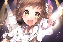 Rule 34 | 10s, 1girl, bad id, bad pixiv id, brown eyes, brown hair, double bun, gloves, ichinose yukino, idol, kantai collection, looking at viewer, microphone, naka (kancolle), open mouth, personification, short hair, smile, solo