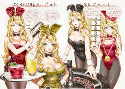 Rule 34 | 4girls, animal ears, bartender, black legwear, black leotard, black neckwear, blonde hair, bow, bowtie, breasts, rabbit ears, rabbit tail, cleavage, cocktail shaker, commentary request, cowboy shot, detached collar, drink, fake animal ears, fishnet pantyhose, fishnets, glass, gold bowtie, gold leotard, green eyes, large breasts, leotard, looking at viewer, maguta, medal, mole, mole under eye, multiple girls, original, pantyhose, playboy bunny, red leotard, red neckwear, roulette, tail, translation request, tray, wrist cuffs