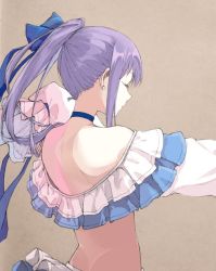 Rule 34 | 1girl, back, back focus, bare shoulders, blue bow, blue choker, bow, brown background, choker, closed eyes, coffeekite, earrings, fate/grand order, fate (series), frills, from behind, hair bow, jewelry, long hair, long sleeves, meltryllis, meltryllis (fate), meltryllis (swimsuit lancer) (fate), meltryllis (swimsuit lancer) (third ascension) (fate), off shoulder, ponytail, profile, purple hair, sidelocks, simple background, sleeves past fingers, sleeves past wrists, solo, upper body