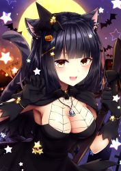 Rule 34 | 1girl, :d, absurdres, animal ear fluff, animal ears, armpits, bat (animal), bell, black dress, black gloves, black hair, breasts, brown eyes, capelet, cat ears, cat girl, cat tail, claw pose, cleavage, commentary request, dress, fangs, full moon, gloves, hair ornament, hairclip, halloween, hands up, hat, highres, holding, jewelry, looking at viewer, medium breasts, mini hat, moon, necklace, omoomomo, open mouth, original, short hair, sleeveless, sleeveless dress, smile, solo, star (symbol), tail, tilted headwear, upper body, x hair ornament