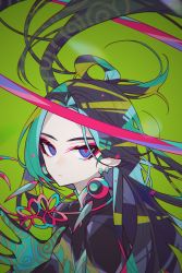 Rule 34 | 1boy, absurdres, black hair, blonde hair, blue eyes, chinese clothes, closed mouth, commentary request, earrings, expressionless, eyeshadow, fate/grand order, fate (series), gloves, green background, green hair, halo, highres, iralion, jewelry, long hair, long sleeves, looking at viewer, makeup, male focus, multicolored eyes, multicolored hair, pale skin, red eyes, red eyeshadow, red ribbon, ribbon, simple background, solo, taisui xingjun (fate), upper body