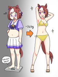 Rule 34 | 1girl, ^^^, absurdres, animal ears, arms behind head, arrow (symbol), barefoot, bathroom scale, belly, bikini, bow, breasts, brown hair, cleavage, ear bow, english text, gradient background, highres, horse ears, horse girl, horse tail, looking at viewer, multicolored hair, navel, ooishi oil, open mouth, purple eyes, purple shirt, sailor collar, sandals, school uniform, shirt, short hair, skirt, small breasts, smile, sparkle, special week (umamusume), speech bubble, standing, swimsuit, tail, tracen school uniform, turn pale, two-tone hair, umamusume, weighing scale, white skirt, yellow bikini
