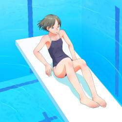 Rule 34 | 1girl, barefoot, black eyes, black hair, competition school swimsuit, feet, flash tomo, flat chest, highres, legs, one-piece swimsuit, original, pool, poolside, school swimsuit, short hair, sitting, solo, swimsuit, water