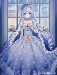Rule 34 | 1girl, bare shoulders, blue cloak, blue dress, blue hair, blue sky, bow, character request, cloak, closed mouth, cloud, commentary request, day, dress, fur-trimmed cloak, fur-trimmed dress, fur trim, hair between eyes, hair bow, hand up, indoors, looking at viewer, purple eyes, ringlets, see-through, sky, solo, strapless, strapless dress, teikoku senki, watermark, window, yuuki rika