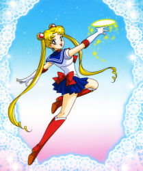 Rule 34 | 1990s (style), 1girl, :d, absurdres, anime coloring, bishoujo senshi sailor moon, blonde hair, blue eyes, blue sailor collar, blue skirt, boots, bow, choker, doily, double bun, earrings, elbow gloves, full body, gloves, gradient background, hair bun, hair ornament, highres, jewelry, jumping, knee boots, long hair, looking back, magical girl, moon tiara action, official art, open mouth, pleated skirt, red bow, red footwear, retro artstyle, sailor collar, sailor moon, skirt, smile, solo, sparkle, tsukino usagi, twintails, white gloves