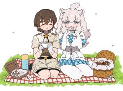 010mzam 1boy 1girl :3 animal_ears belt bike_shorts bike_shorts_under_shorts black_belt black_socks blue_eyes blue_necktie blue_skirt blue_trim blush brown_hair brown_shirt captain_(kemono_friends) closed_eyes collared_shirt cupcake eating food fur_collar grey_shorts highres jacket japari_symbol kemono_friends lion_ears lion_girl long_hair necktie no_shoes pantyhose picnic picnic_basket plaid_clothes plaid_necktie plaid_skirt plaid_trim pleated_skirt safari_jacket shirt short_hair short_sleeves shorts sitting skirt smile socks t-shirt white_fur white_hair white_lion_(kemono_friends) white_pantyhose white_shirt yokozuwari