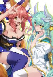 Rule 34 | &gt;:), &gt;;d, 2girls, ;d, animal ears, aora, aqua hair, armpits, artist name, bad id, bad twitter id, bare shoulders, blue bow, blue kimono, blue thighhighs, bow, breasts, cleavage, detached sleeves, dragon horns, drop shadow, fangs, fate/grand order, fate (series), fox ears, fox tail, hair bow, hair ornament, horns, japanese clothes, kimono, kiyohime (fate), large breasts, long sleeves, looking at viewer, medium breasts, multiple girls, obi, official style, one eye closed, open mouth, pink hair, sash, smile, tail, tamamo (fate), tamamo no mae (fate/extra), thighhighs, twintails, v-shaped eyebrows, white kimono, white legwear, wide sleeves, yellow eyes