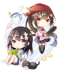 Rule 34 | 2girls, absurdres, animal, apron, barefoot, black hair, black legwear, blue eyes, blue sailor collar, blue shirt, blue shorts, blue skirt, blush, book, bookmark, bow, cat, chibi, closed mouth, commentary request, cup, finger to mouth, flower, frying pan, hair between eyes, hair flower, hair ornament, hairclip, head scarf, highres, holding, holding book, long hair, long sleeves, milk, mug, multiple girls, no shoes, open book, original, pink apron, pleated skirt, ponytail, red bow, red eyes, sailor collar, school uniform, serafuku, shiro kuma shake, shirt, short shorts, shorts, shushing, sitting, skirt, slippers, smile, standing, star (symbol), star hair ornament, steam, thighhighs, very long hair, white flower, yellow footwear