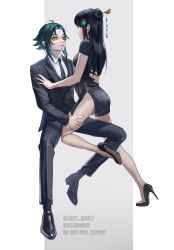 Rule 34 | 1boy, 1girl, adam&#039;s apple, ahoge, alternate costume, black footwear, black hair, black jacket, black legwear, black necktie, black pants, black waistcoat, breasts, china dress, chinese clothes, collared shirt, commission, couple, diamond (shape), dress, eyeshadow, facial mark, facing another, facing away, forehead mark, formal, genshin impact, grey hair, hair intakes, hair ornament, hairpin, hand on another&#039;s arm, hand on another&#039;s leg, hand on another&#039;s thigh, hand on another&#039;s waist, hetero, high heels, highres, invisible chair, jacket, leg up, long hair, looking at another, lu luu99, makeup, medium breasts, multicolored hair, necktie, open mouth, pants, parted bangs, red eyeshadow, shirt, short dress, short hair with long locks, short sleeves, side slit, sidelocks, simple background, sitting, socks, suit, suit jacket, swept bangs, teeth, thigh grab, thighs, toned, toned male, twitter username, two-tone hair, waistcoat, watermark, white background, white shirt, xiao (genshin impact), yellow eyes