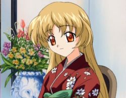 Rule 34 | aiko (ufo princess valkyrie), blonde hair, flower, japanese clothes, kimono, orange eyes, portrait, ufo princess valkyrie, vase