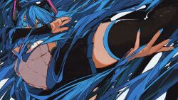 Rule 34 | 1girl, blue eyes, blue hair, blue theme, colored eyelashes, hand on own thigh, hatsune miku, highres, kicking, solo, unrefle, vocaloid