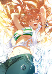 Rule 34 | 1girl, ;d, arm tattoo, arms up, backlighting, bikini, bikini top only, blush, bracelet, breasts, cleavage, commentary, cowboy shot, earrings, floating hair, glint, green bikini, green pants, hair between eyes, highres, jewelry, large breasts, long hair, looking at viewer, nami (one piece), navel, oboro keisuke, one eye closed, one piece, open clothes, open mouth, open shirt, orange eyes, orange hair, pants, see-through, shirt, simple background, sleeveless, sleeveless shirt, smile, solo, splashing, standing, stomach, swimsuit, tattoo, teeth, tied shirt, underboob, upper teeth only, water drop, wet, wet clothes, wet shirt, white background, white shirt, wing collar