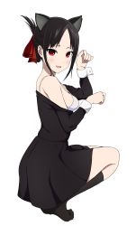 Rule 34 | 1girl, :d, absurdres, animal ears, bare shoulders, black dress, black hair, black socks, blush, bra, breasts, cat ears, clothes pull, coro fae, dress, dress pull, extra ears, folded ponytail, from side, full body, highres, kaguya-sama wa kokurasetai ~tensai-tachi no renai zunousen~, kemonomimi mode, kneehighs, long sleeves, looking at viewer, looking to the side, no shoes, off shoulder, open mouth, parted bangs, paw pose, red eyes, school uniform, shinomiya kaguya, short hair, sideboob, simple background, small breasts, smile, socks, solo, squatting, underwear, white background, white bra