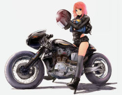 Rule 34 | 1girl, boots, helmet, high heels, motor vehicle, motorcycle, pink hair, shoes, short shorts, shorts, solo, thighhighs, vehicle, vest