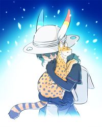 Rule 34 | 1girl, animalization, backpack, bag, black gloves, black shirt, commentary request, closed eyes, gloves, green hair, hat, hat feather, hug, inukoro (spa), kaban (kemono friends), kemono friends, long hair, serval, serval (kemono friends), shirt, short sleeves, tears, white headwear