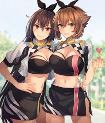 Rule 34 | 2girls, alternate costume, bandeau, black bandeau, black hair, blush, breasts, brown hair, cleavage, closed mouth, cowboy shot, fingernails, green eyes, hair between eyes, heart, highres, kantai collection, kasumi (skchkko), large breasts, long hair, looking at viewer, multiple girls, mutsu (kancolle), nagato (kancolle), navel, open mouth, race queen, red eyes, short hair, smile
