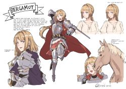 Rule 34 | 1girl, absurdres, armor, armored boots, belt, blonde hair, boots, breastplate, cape, character age, character name, character sheet, cross, cross earrings, earrings, english text, fantasy, faulds, female knight, gauntlets, hair intakes, highres, holding, holding sword, holding weapon, horse, jewelry, jumping, knight, original, ponytail, purple eyes, red cape, simple background, sword, weapon, white background, yuhkiano