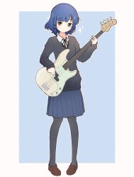 Rule 34 | 1girl, absurdres, bass guitar, black shirt, blue hair, blue skirt, blush, bocchi the rock!, brown footwear, chibikki, closed mouth, collared shirt, copyright name, dot mouth, dot nose, expressionless, fender precision bass, full body, guitar, hair ornament, hairclip, highres, holding, holding instrument, instrument, long sleeves, miniskirt, mole, mole under eye, music, neck ribbon, pleated skirt, ribbon, school uniform, shimokitazawa high school uniform, shirt, skirt, sleeves past wrists, solo, standing, two-tone background, yamada ryo