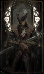 Rule 34 | 1girl, ascot, blood, blood on clothes, blood stain, bloodborne, bonnet, boots, chair, gem, gravitydusty, hat, hat feather, highres, lady maria of the astral clocktower, rakuyo (bloodborne), tricorne, white ascot