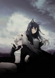 Rule 34 | 2girls, animal ear fluff, animal ears, arknights, black coat, black hair, black jacket, black shorts, blush, cigarette, cloud, coat, commentary request, hair between eyes, hair ornament, hairclip, highres, holding, holding cigarette, jacket, korean commentary, lappland (arknights), long hair, long sleeves, multiple girls, open clothes, open coat, open jacket, open mouth, outdoors, parted lips, runamonet, scar, scar across eye, scar on face, shirt, shorts, silver hair, smile, strapless, tail, texas (arknights), tube top, white shirt, white tube top, wolf ears