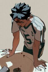 Rule 34 | 1boy, akaashi keiji, black hair, bleeding, blood, blood on face, chengongzi123, chinese commentary, closed eyes, closed mouth, commentary request, faucet, grey background, haikyuu!!, highres, male focus, shirt, short hair, short sleeves, simple background, sink, sportswear, standing, t-shirt, upper body, very short hair, volleyball uniform