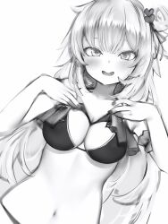 Rule 34 | 1girl, :d, absurdres, akai haato, bikini, blunt bangs, blush, breasts, cleavage, collarbone, greyscale, hair between eyes, hair ornament, hands on own chest, heart, heart hair ornament, highres, hololive, long hair, looking at viewer, medium breasts, monochrome, nanashi (nlo), navel, one side up, open mouth, simple background, smile, solo, stomach, swimsuit, virtual youtuber