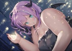 Rule 34 | 1girl, agano mai, aqua eyes, artist request, black horns, black wings, blush, breasts, cleavage, commentary request, dot nose, hair between eyes, horns, indie virtual youtuber, large breasts, long hair, looking at viewer, mini wings, open hand, parted lips, purple hair, red nails, sample watermark, second-party source, solo, thick arms, upper body, virtual youtuber, watermark, wings