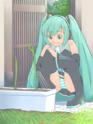 Rule 34 | 1girl, akinbo (hyouka fuyou), aqua eyes, aqua hair, bad id, bad pixiv id, bare shoulders, black thighhighs, boots, detached sleeves, green hair, hatsune miku, headset, hugging own legs, long hair, necktie, panties, pantyshot, smile, solo, spring onion, squatting, striped clothes, striped panties, tattoo, thigh boots, thighhighs, twintails, underwear, very long hair, vocaloid