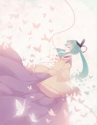 Rule 34 | 1girl, akinomiya asuka, black hat, bug, butterfly, closed eyes, closed mouth, commentary request, detached sleeves, green hair, hat, highres, insect, japanese clothes, kariginu, kimono, long hair, long sleeves, mystical power plant, original, ponytail, purple kimono, red ribbon, ribbon, smile, solo, suitokuin tenmu, tate eboshi, touhou