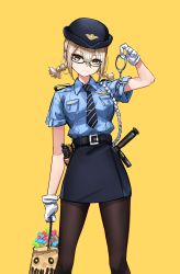 Rule 34 | 1girl, absurdres, artoria pendragon (fate), blonde hair, blue shirt, blush, braid, breasts, casul, cuffs, fate/grand order, fate (series), hair between eyes, handcuffs, hat, highres, long hair, looking at viewer, medium breasts, mysterious heroine x alter (fate), necktie, pantyhose, pencil skirt, police, police hat, police uniform, policewoman, shirt, sidelocks, skirt, thighs, twin braids, uniform, yellow eyes