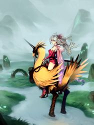 Rule 34 | 1girl, bare shoulders, beak, bird, bow, cape, chocobo, fake horns, final fantasy, final fantasy vi, fog, from behind, green hair, hair bow, horned headwear, horns, looking back, mountain, optionaltypo, partially submerged, riding, scenery, serious, square enix, talons, tina branford, water