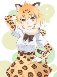 Rule 34 | 10s, 1girl, animal ears, animal print, arm behind head, belt, black bow, blonde hair, bow, cat ears, cat tail, e20, elbow gloves, gloves, gradient hair, hand on own hip, highres, jaguar (kemono friends), jaguar ears, jaguar print, jaguar tail, kemono friends, looking at viewer, multicolored hair, open mouth, shirt, short hair, short sleeves, simple background, skirt, solo, standing, tail, white shirt, yellow eyes