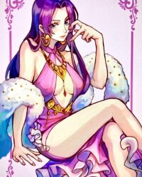 Rule 34 | 1girl, aokamei, black hair, blue eyes, boa hancock, commentary, crossed legs, dress, earrings, english commentary, feather boa, frilled dress, frills, highres, hime cut, jewelry, long hair, looking at viewer, one piece, pink nails, purple dress, purple hair, sitting, smile, snake earrings, solo, turtleneck, turtleneck dress