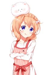 Rule 34 | 1girl, :q, animal, animal on head, apron, bad id, bad pixiv id, blonde hair, blush, chocolate, chocolate on face, collarbone, crossed arms, deyui, food, food on face, gochuumon wa usagi desu ka?, hair between eyes, hair bobbles, hair ornament, highres, hoto cocoa, long hair, looking at viewer, on head, pink apron, purple eyes, rabbit, rabbit on head, red ribbon, ribbon, shirt, solo, striped apron, striped clothes, tippy (gochiusa), tongue, tongue out, transparent background, upper body, vertical-striped apron, vertical-striped clothes, white shirt