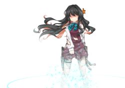 Rule 34 | 1girl, black hair, commentary request, crying, dress, facing viewer, grey pantyhose, kantai collection, long hair, long sleeves, multicolored hair, naganami (kancolle), no eyes, pantyhose, pink hair, purple dress, rigging, school uniform, shirt, smile, solo, tears, tomamatto, torn, torn clothes, torn pantyhose, very long hair, wavy hair, white shirt