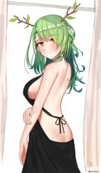 Rule 34 | 1girl, absurdres, antlers, ass, backless dress, backless outfit, bare back, bare shoulders, blush, braid, braided bangs, branch, breasts, butt crack, ceres fauna, dress, flower, green hair, hair flower, hair ornament, highres, hololive, hololive english, horns, jewelry, kotodekun, long hair, looking at viewer, mole, mole under eye, multicolored hair, nail polish, sideboob, single braid, solo, virtual youtuber, yellow eyes