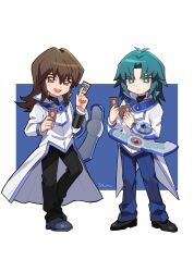 Rule 34 | 2boys, black footwear, black pants, blue background, blue footwear, brown eyes, brown hair, card, character request, chibi, coat, collared coat, deck of cards, full body, green eyes, green hair, highres, holding, holding card, male focus, marufuji ryou, multicolored background, multiple boys, open mouth, pants, signature, simple background, smile, stim yyy, teeth, white background, white coat, yu-gi-oh!, yu-gi-oh! gx