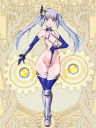 Rule 34 | 1girl, blue eyes, blue leotard, blunt bangs, breasts, cocytus (wind master), covered navel, crotch strap, dairoku ryouhei, elbow gloves, electricity, full body, gear hair ornament, gears, gloves, glowing, gluteal fold, grey hair, halterneck, highleg, highleg leotard, leotard, long hair, looking at viewer, mechanical legs, open mouth, revealing clothes, sidelocks, small breasts, solo, standing, thigh gap, thigh strap, thighhighs, thighs, twintails, wedgie