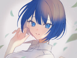 Rule 34 | 1girl, blue eyes, blue hair, commentary, hatori naco, highres, kiritani haruka, leaf, looking at viewer, open mouth, project sekai, shirt, short hair, simple background, smile, solo, symbol-only commentary, white shirt
