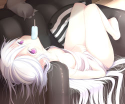 Rule 34 | 1girl, animal, bare legs, barefoot, blush, breasts, breasts apart, cat, cleavage, couch, downblouse, feet, highres, long hair, lying, nipples, on back, original, popsicle, purple eyes, small breasts, solo, sukage, toes, upside-down, very long hair, white hair